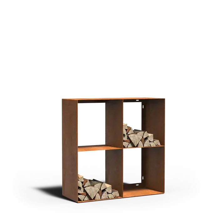 CORTEN-Holzlager quadratisch mit Unterteilung rostfarbig