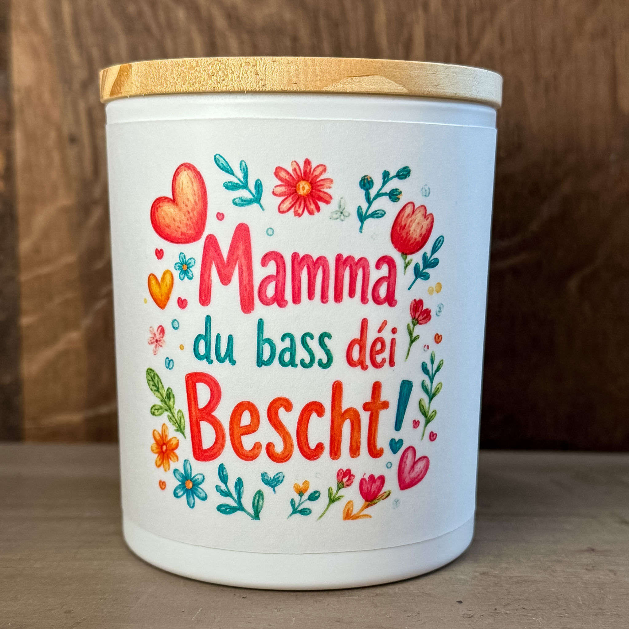 Windlicht / Duftkerze "Mamma du bass déi Bescht" (orange)