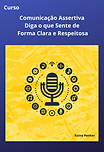 Capa do Curso Comunicação Assertiva, há um microfone estilizado circunscrito a uma circunferência formada por vários objetos de comunicação