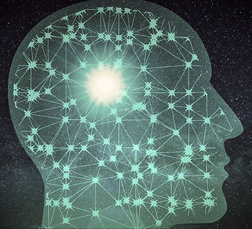 Silhouette of human head on a dark starry sky background, inside of silhouette is filled with brightly lit neural connections joining to a bright central light.