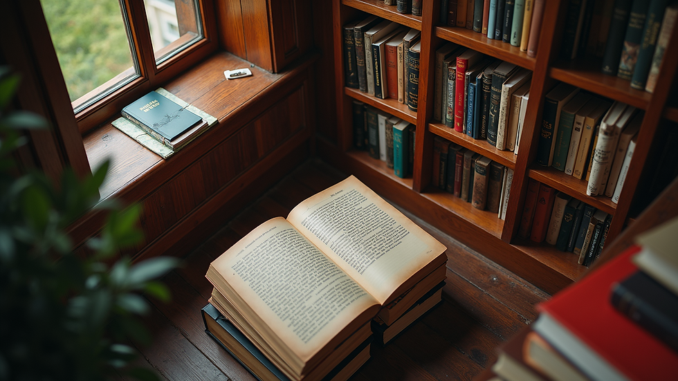 High angle view of a cozy reading nook filled with books in different languages