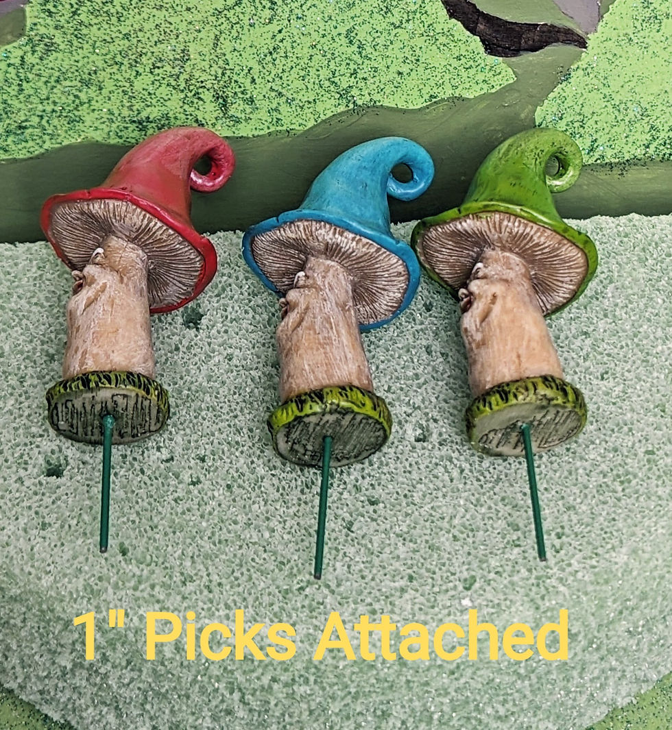 Thumbnail: Miniature Mushroom Man Picks Set of 3 Blue Green Red Fairy Garden Gnome Garden