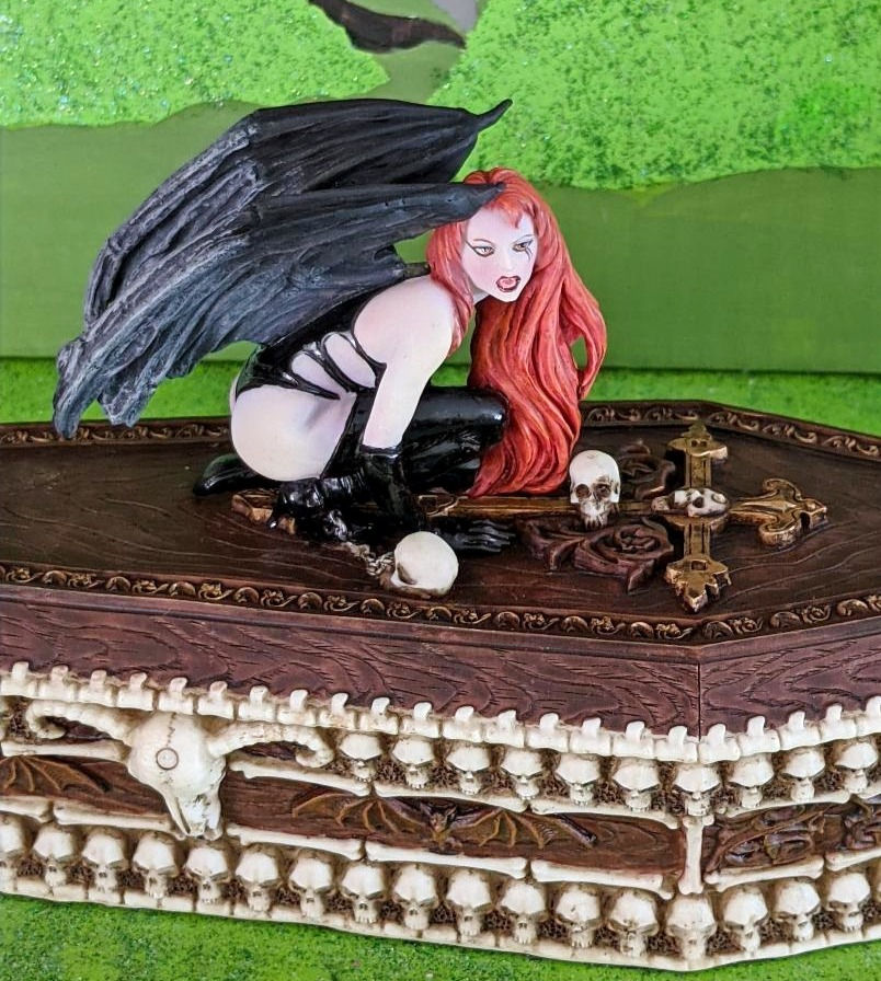 Thumbnail: Vampire Vampiress Coffin Jewelry Box Sexy Winged Lady Stash Box Gothic Halloween