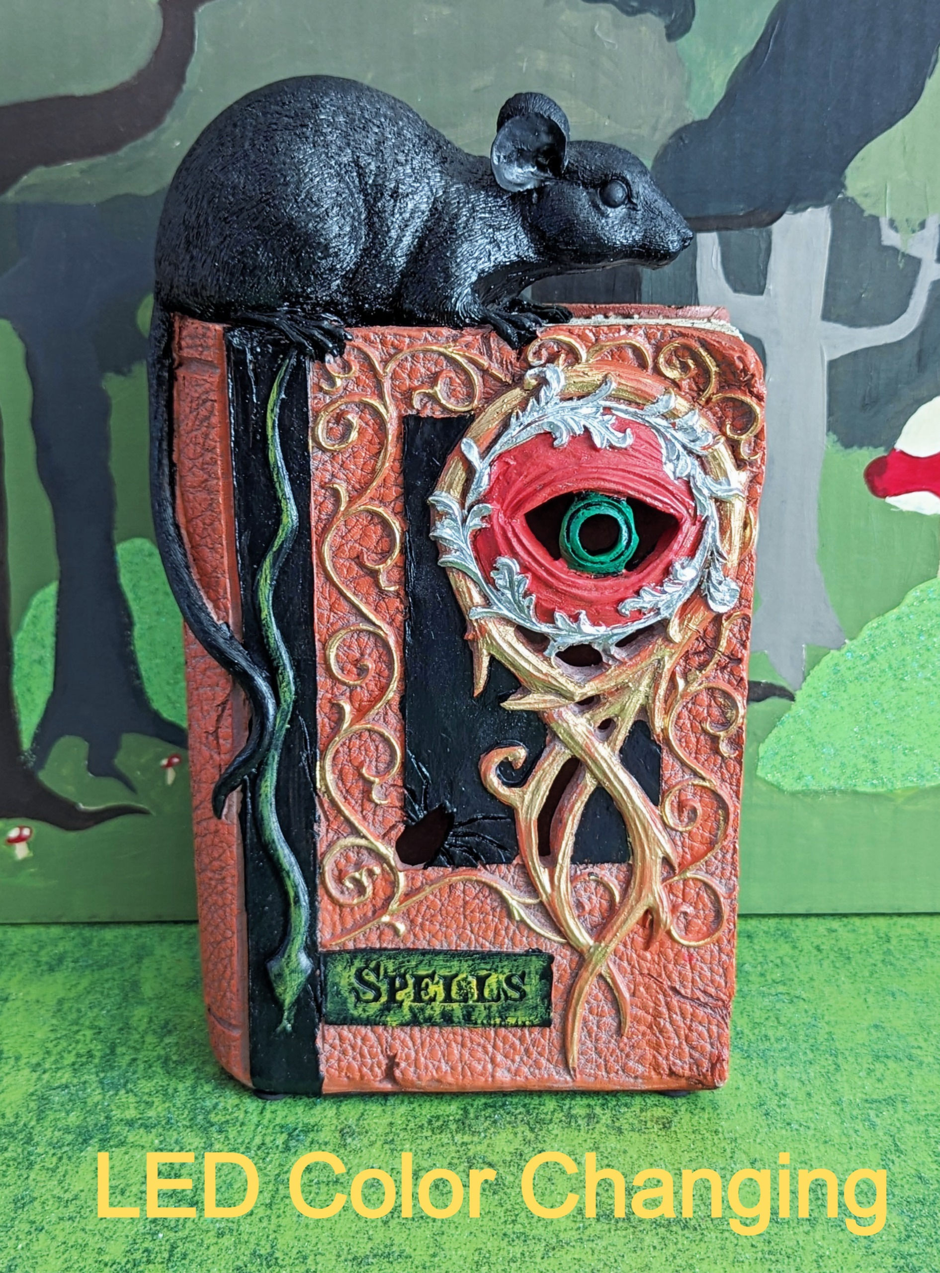 Spells and Curses Book LED Color Changing Halloween Orange with Rat 10" Tall