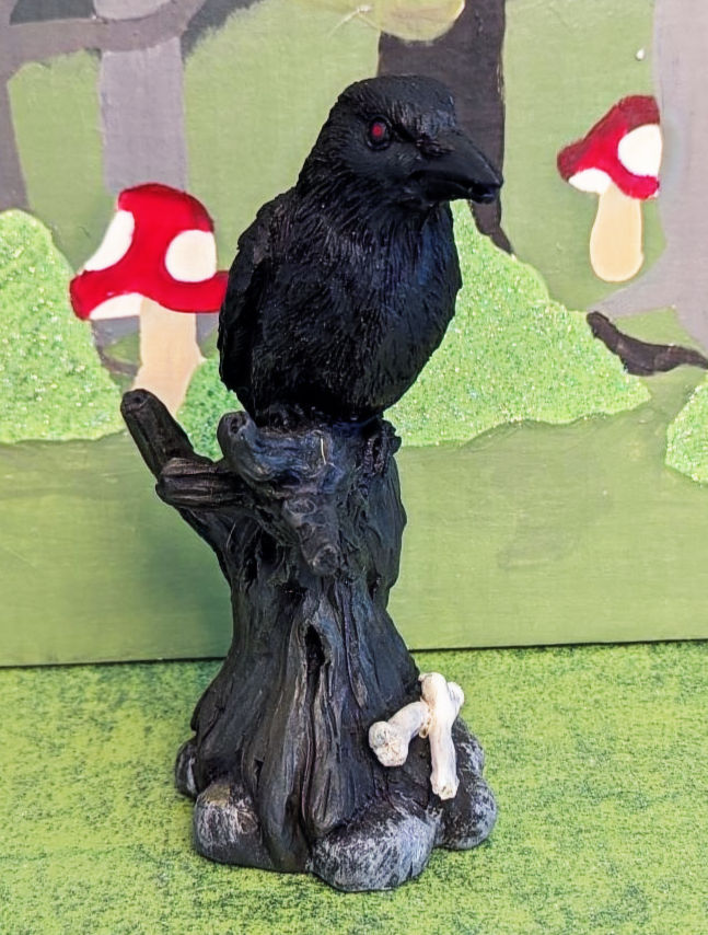 Thumbnail: Black Crow on Tree Branch w/2 Bones 6.5" Halloween Decoration or Garden Resin