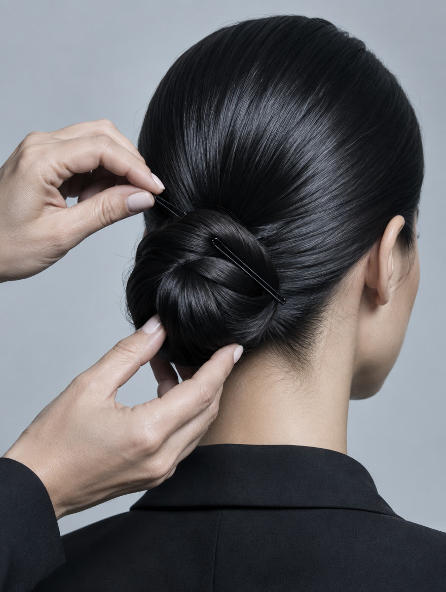 Hairstylistin steckt einen eleganten Dutt