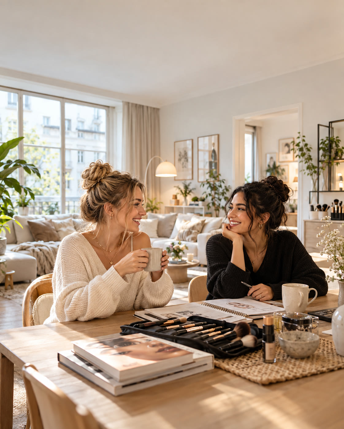 Zwei Schülerinnen beim Kaffee am Esstisch der hellen Schüler-WG, mit Pinseln und Make-up-Büchern