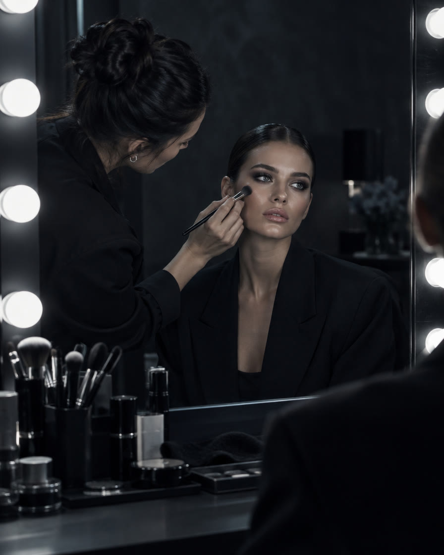 Make-up Artist am beleuchteten Spiegel am Abend