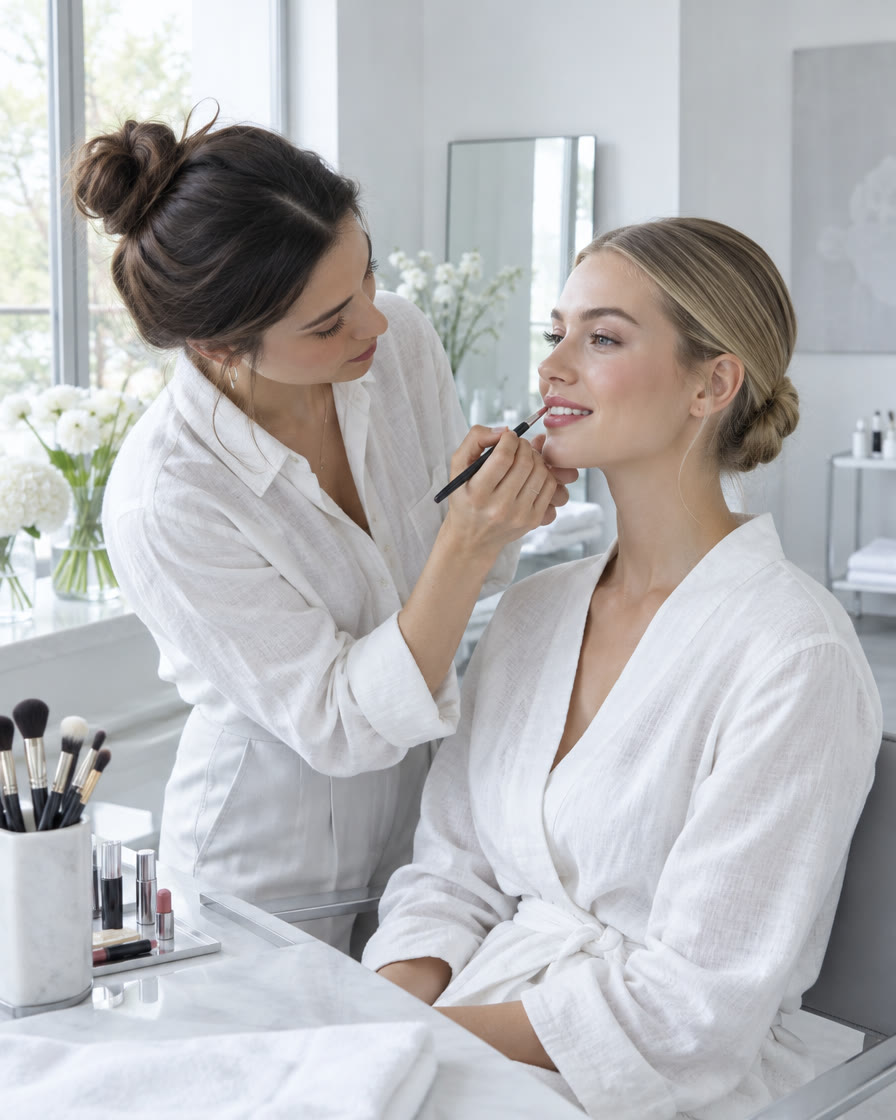 Schülerin trägt Lippenstift bei einem Model auf