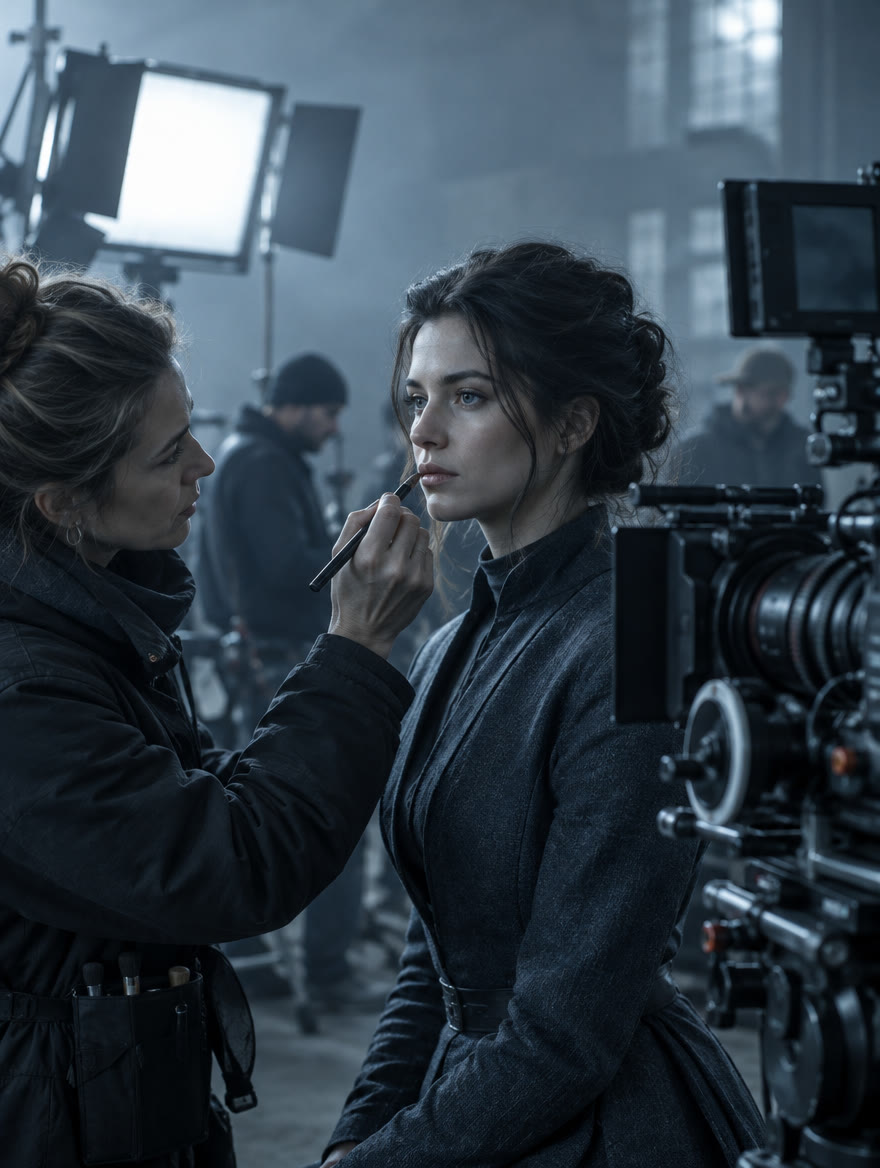 Make-up Artist am Filmset neben der Kamera