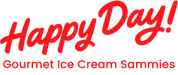 "Happy Day! Gourmet Ice Cream Sammies logo in bright red cursive and bold font on a light pink background."