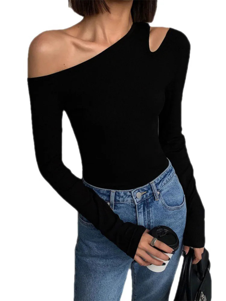 Thumbnail: Fashion Skew Collar Off-Shoulder Long-Sleeved T-Shirts Women Spring 2025 New