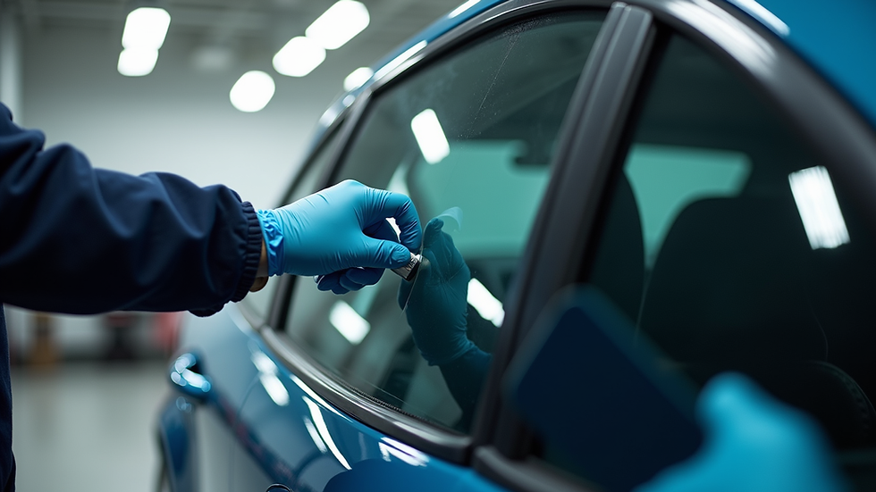 Close-up view of a professional applying window tint film to a car door window