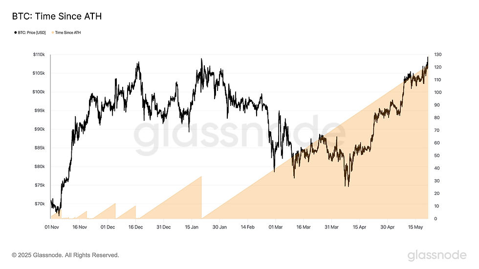 Bitcoin's price movement since its all-time high, illustrating fluctuations and trends from early November to mid-May.