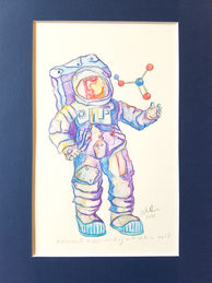 Watercolour painting of an astronaut with a nitric acid particle