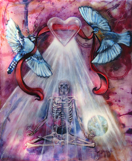 This spiritual and symbolic painting by Kelly Page depicts a skeleton in a meditation yoga pose above the Earth, illuminated by a glowing bubble-shaped heart. Two bluebirds hold a ribbon that flows behind the heart, representing love, balance, and mindfulness. Combining elements of yoga art, meditation symbolism, and contemplative spiritual themes, the work explores renewal, harmony, and the eternal connection between life and spirit.