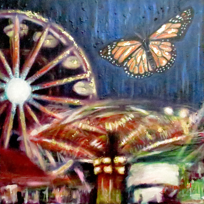 Contemporary painting ‘Escape the Chaos’ by Kelly Page showing a butterfly flying free above a fair, nature art, butterfly symbolism, freedom, mindfulness, and escape from chaos