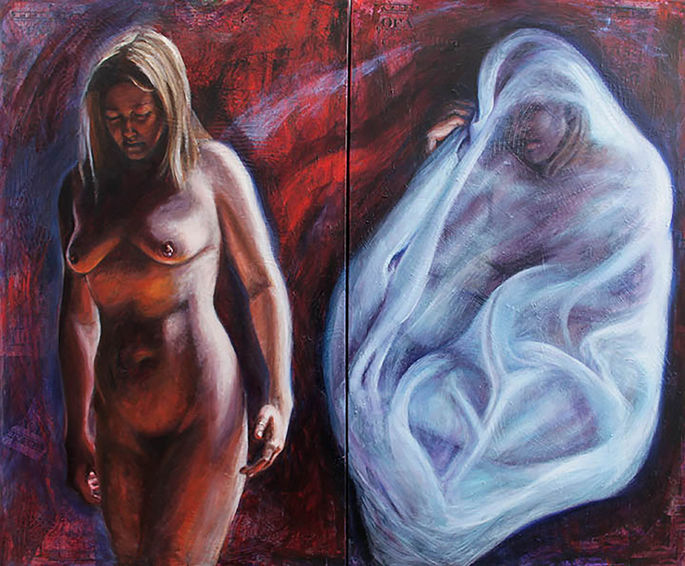 A compelling diptych, Bisected juxtaposes a forward-moving nude woman with a curled, fabric-wrapped figure, examining presence, vulnerability, and inner tensi