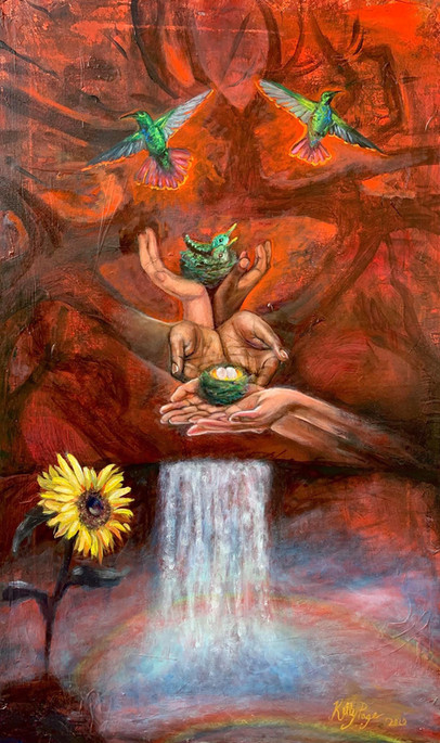 Rebirth is an oil painting featuring multicultural hands as tree branches supporting nests of eggs and baby birds, with hummingbirds flying free, a waterfall, double rainbow, and sunflower symbolizing unity, renewal, and hope