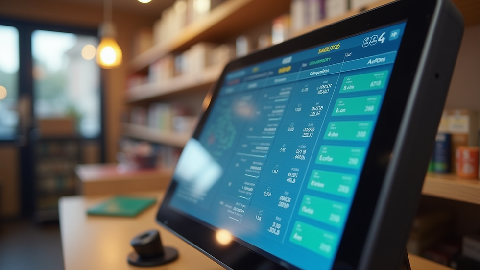 Close-up of a touchscreen POS system showing sales data in a small store