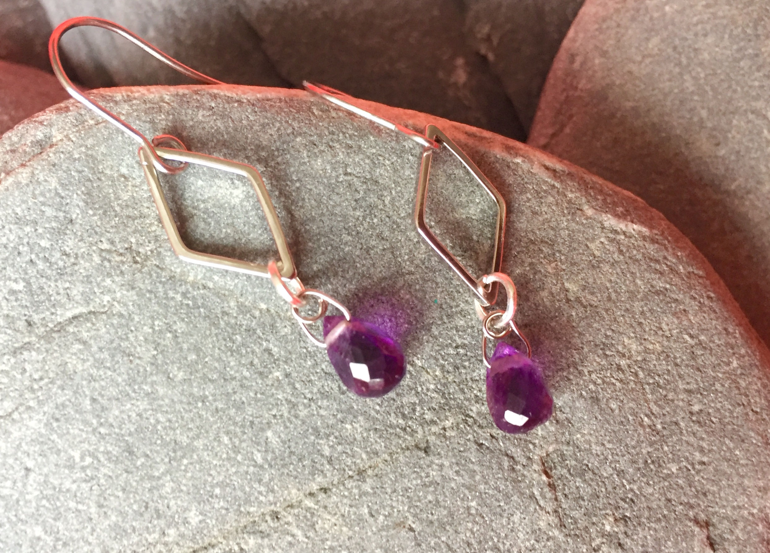 Geometric platinum earrings, Small diamond connects with Amethyst or moonstone g