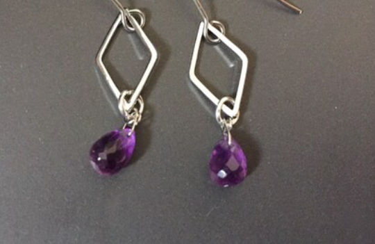 Thumbnail: Geometric platinum earrings, Small diamond connects with Amethyst or moonstone g