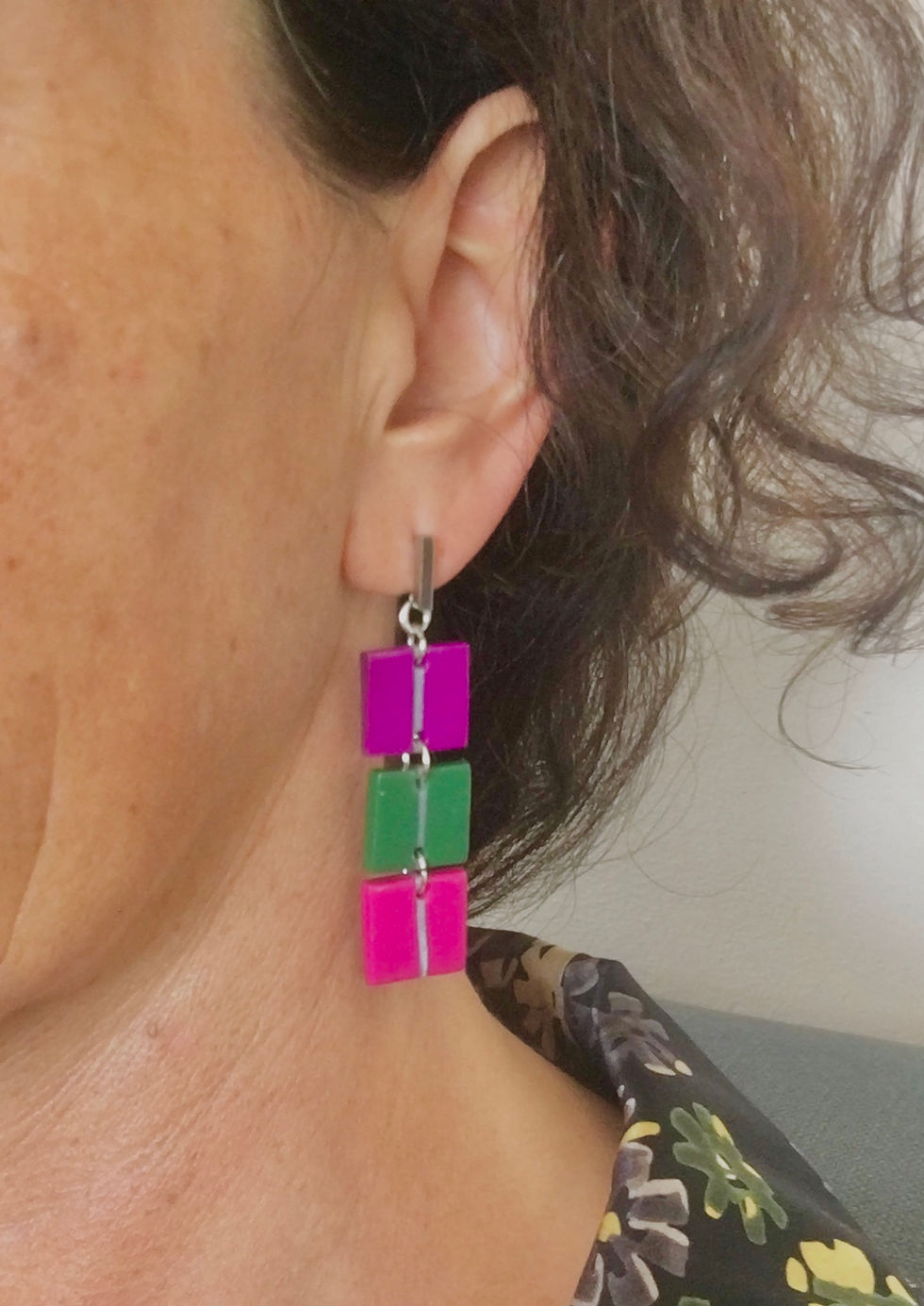 Thumbnail: copy of Bright graphic design geometric drop down earrings.