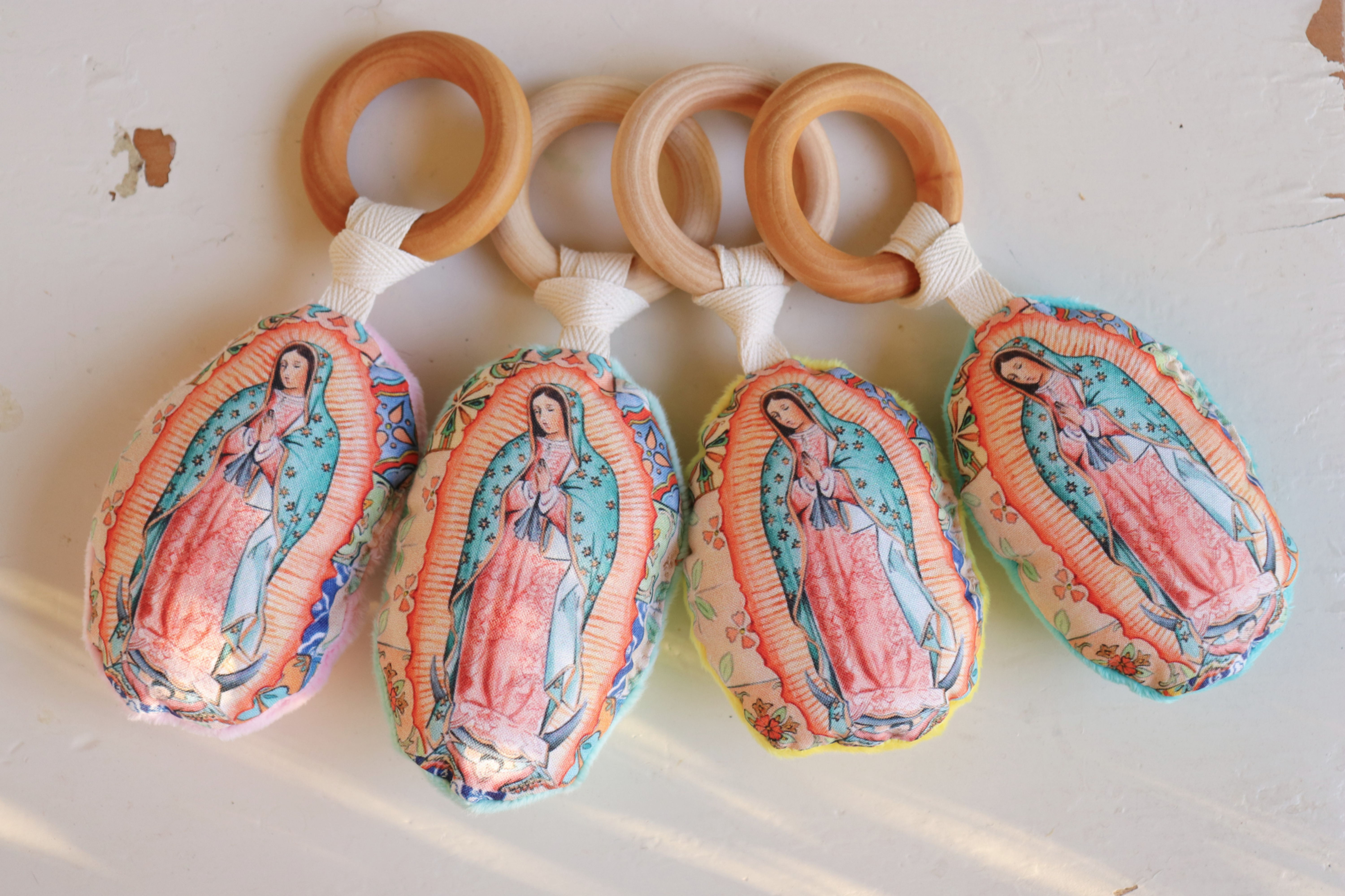 Wood baby teething ring with soft Our Lady of Guadalupe