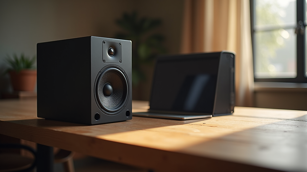 High angle view of a clean speaker setup on a wooden table