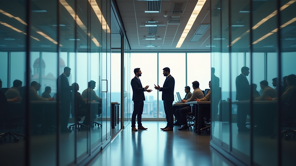 Eye-level view of a modern office with Indian business professionals discussing AI solutions