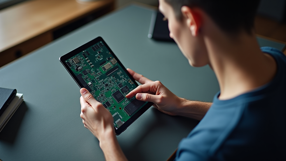 High angle view of a person following a computer repair guide on a tablet