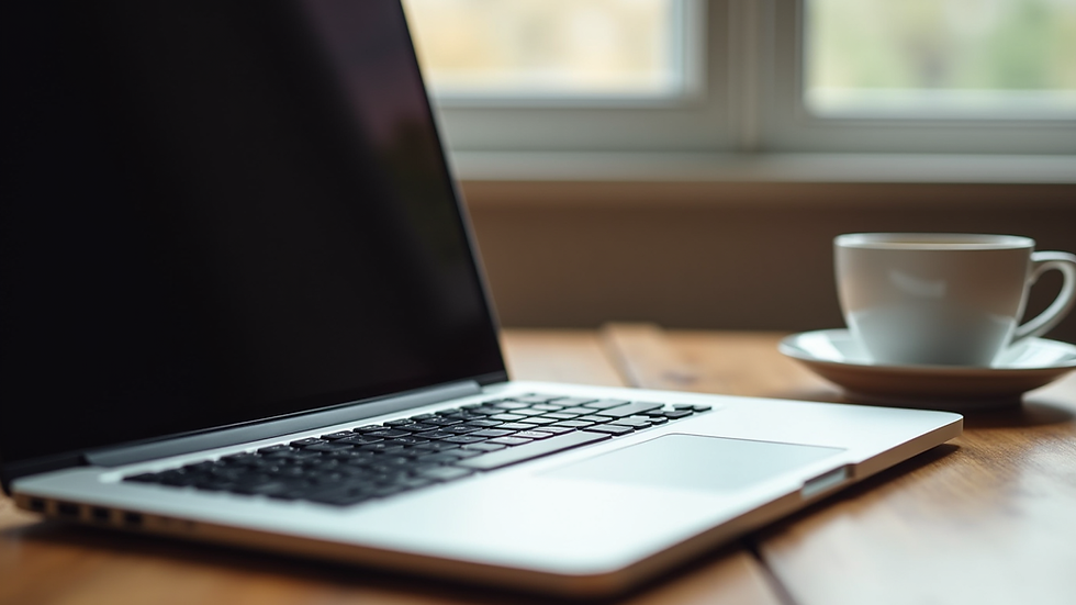 Eye-level view of a laptop on a wooden desk with a coffee cup