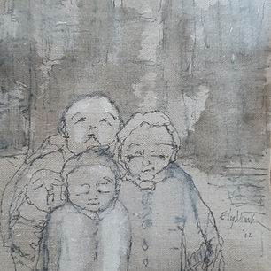 gewassen inkttekening van familie. sepiatinten met gesso en inkt op linnen
