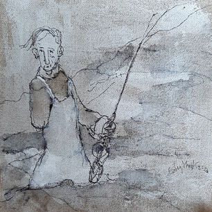 gewassen inkt tekening op linnen in kleuren sepia en zwart gecombineerd met verf