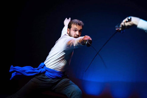 Production photo  of Tristan S-G (Tristan Schaffer-Goldman) sword fighting stage combat at LAMDA in London