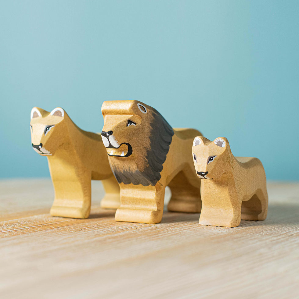 Bumbu Toys Lion, Lioness, Lion Cub. Handcrafted Waldorf inspired toys. Imaginative play and storytelling
