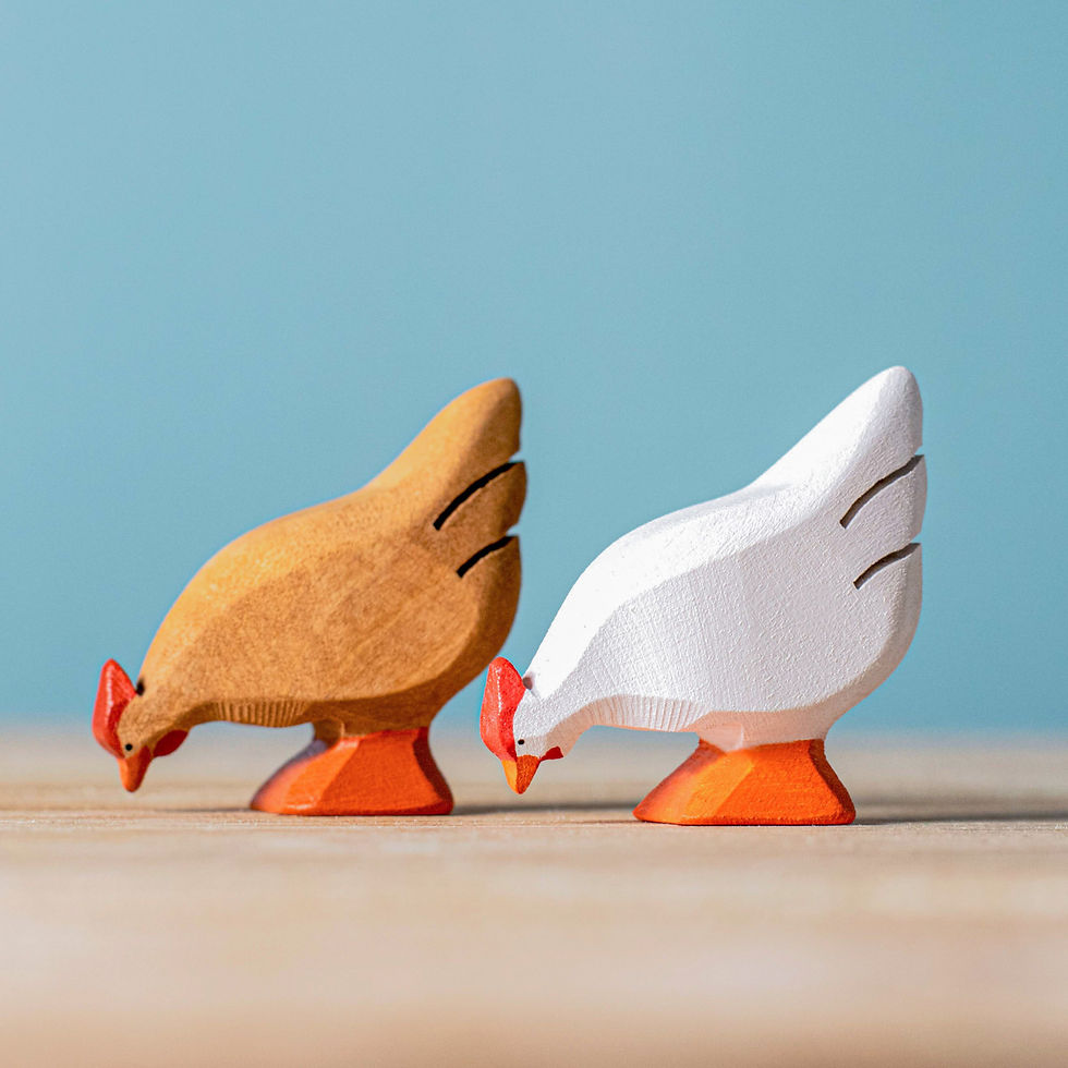 Bumbu Toys Wooden White Hen, Brown Hen. Handcrafted Waldorf inspired small world toys. Imaginative play and storytelling.