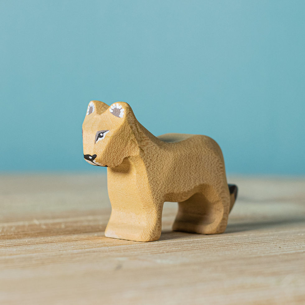 Bumbu Toys Wooden Lion Cub. Handcrafted Waldorf inspired small world toys. Imaginative play and storytelling