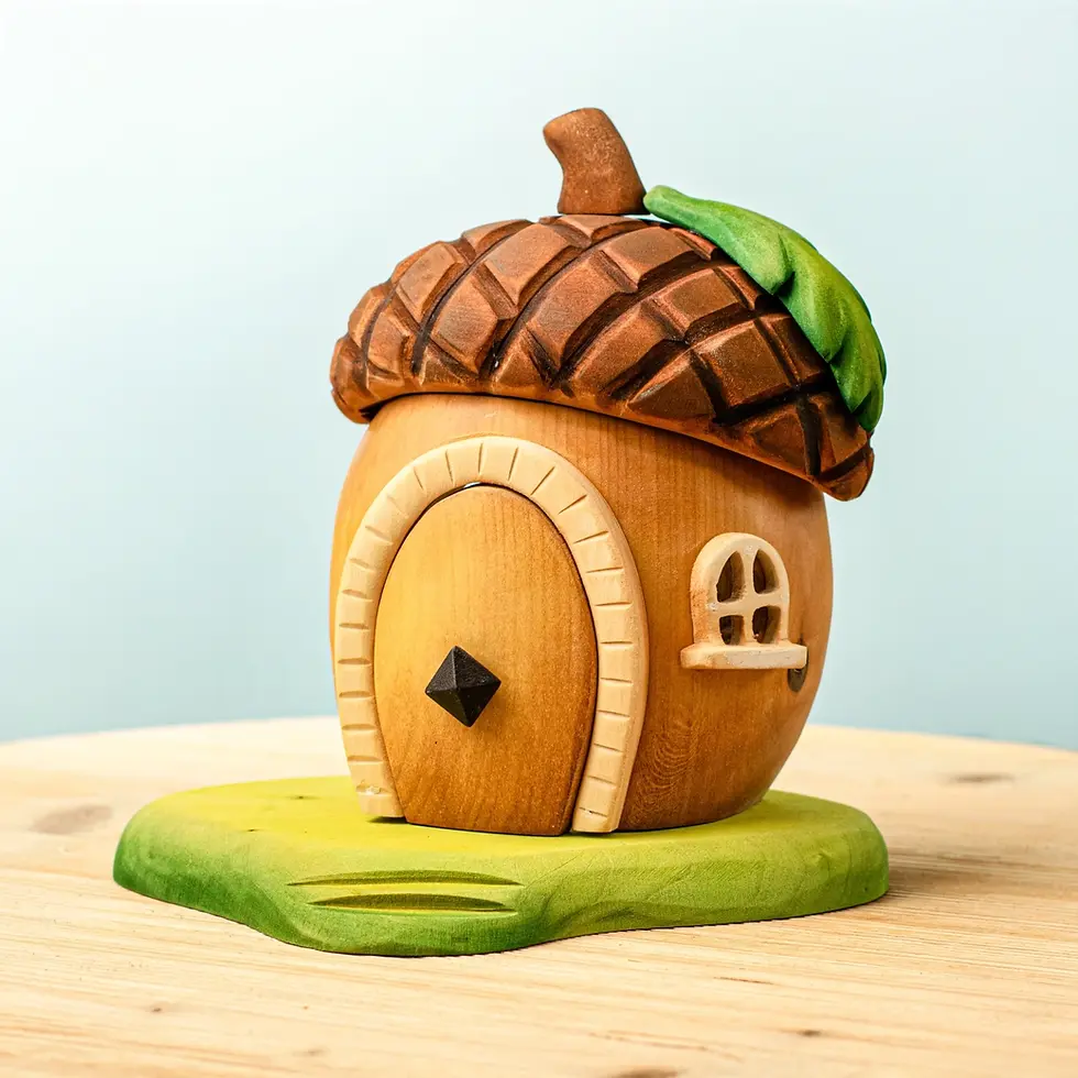 Bumbu Toys Wooden Acorn House. Handcrafted Waldorf inspired small world toys. Imaginative play and storytelling