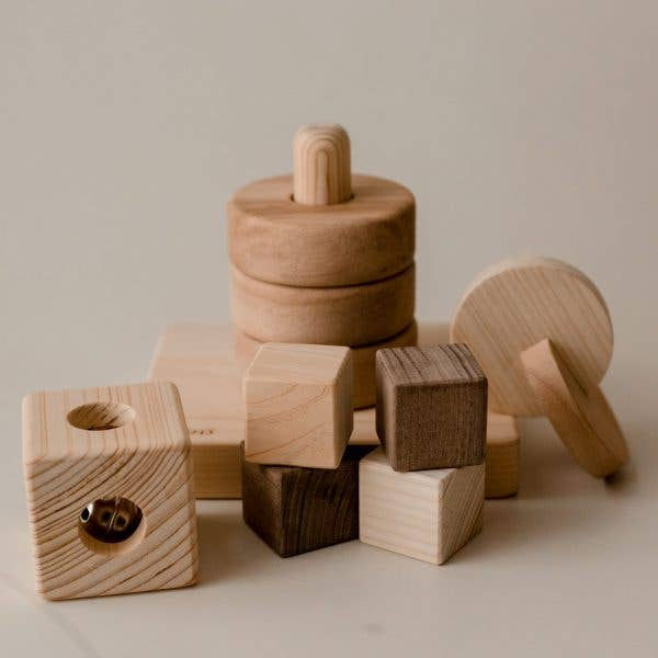 QToys Wooden Baby Shower Gift Set. Natural baby toys. Development through play. Baby gift idea.