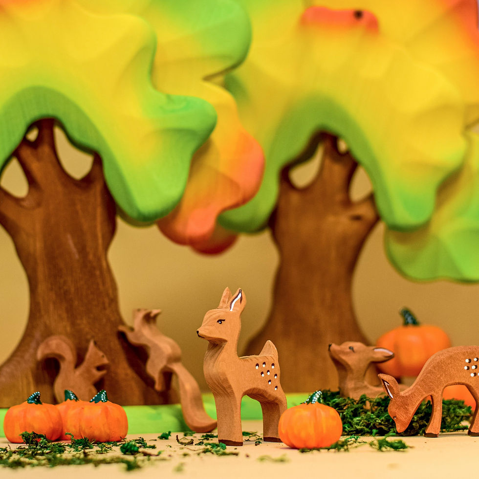 Thumbnail: Bumbu Toys Fawn, pumpkin, autumn oak. Handcrafted Waldorf inspired small world toys. Imaginative play and storytelling