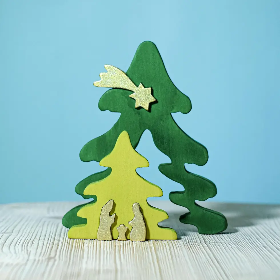 Thumbnail: Bumbu Toys Christmas Tree Puzzle in Gold. Handcrafted Waldorf inspired small world toys. Imaginative play and storytelling