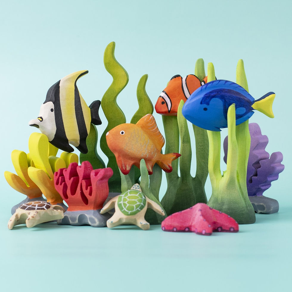 Bumbu Toys Wooden Large Seaweed and colourful sea creatures in an underwater small world setup.