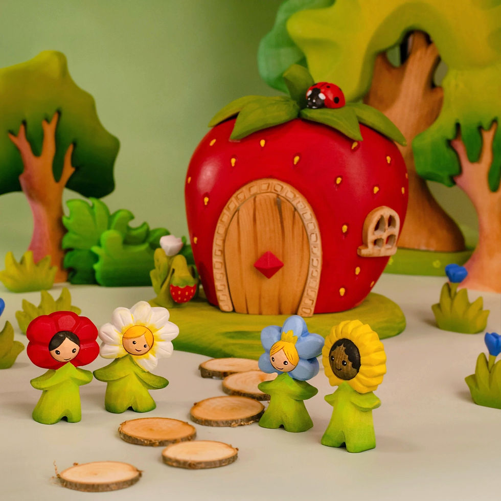 Bumbu Toys Wooden Strawberry House. Handcrafted Waldorf inspired small world toys. Imaginative play and storytelling