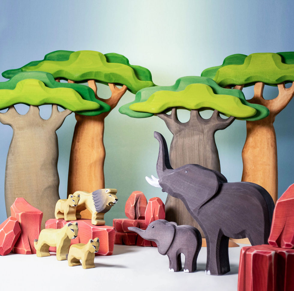 Bumbu Toys Wooden Lion, Elephant, Baobab Tree. Handcrafted Waldorf inspired toys. Imaginative play and storytelling