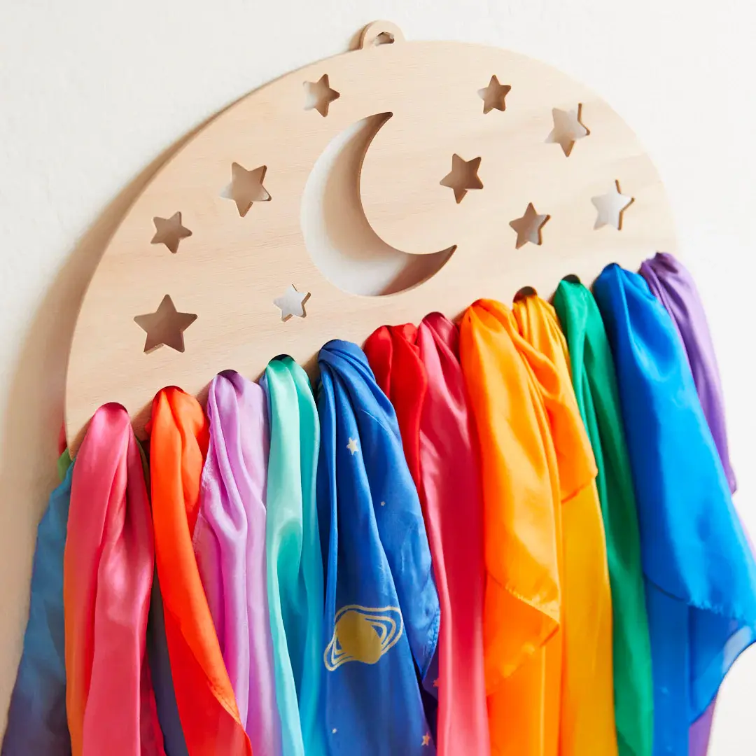 Sarah's Silks Wooden Large Moon And Star Play Silk Display. Waldorf inspired children's playroom decor.  Toy organisation