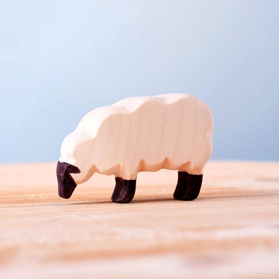 Bumbu Toys Wooden Sheep Eating. Handcrafted Waldorf inspired small world toys. Imaginative play and storytelling