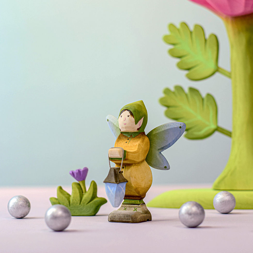 Thumbnail: Bumbu Toys Winged Elf, lamp and large pink flower. Handcrafted Waldorf inspired toys. Imaginative play and storytelling