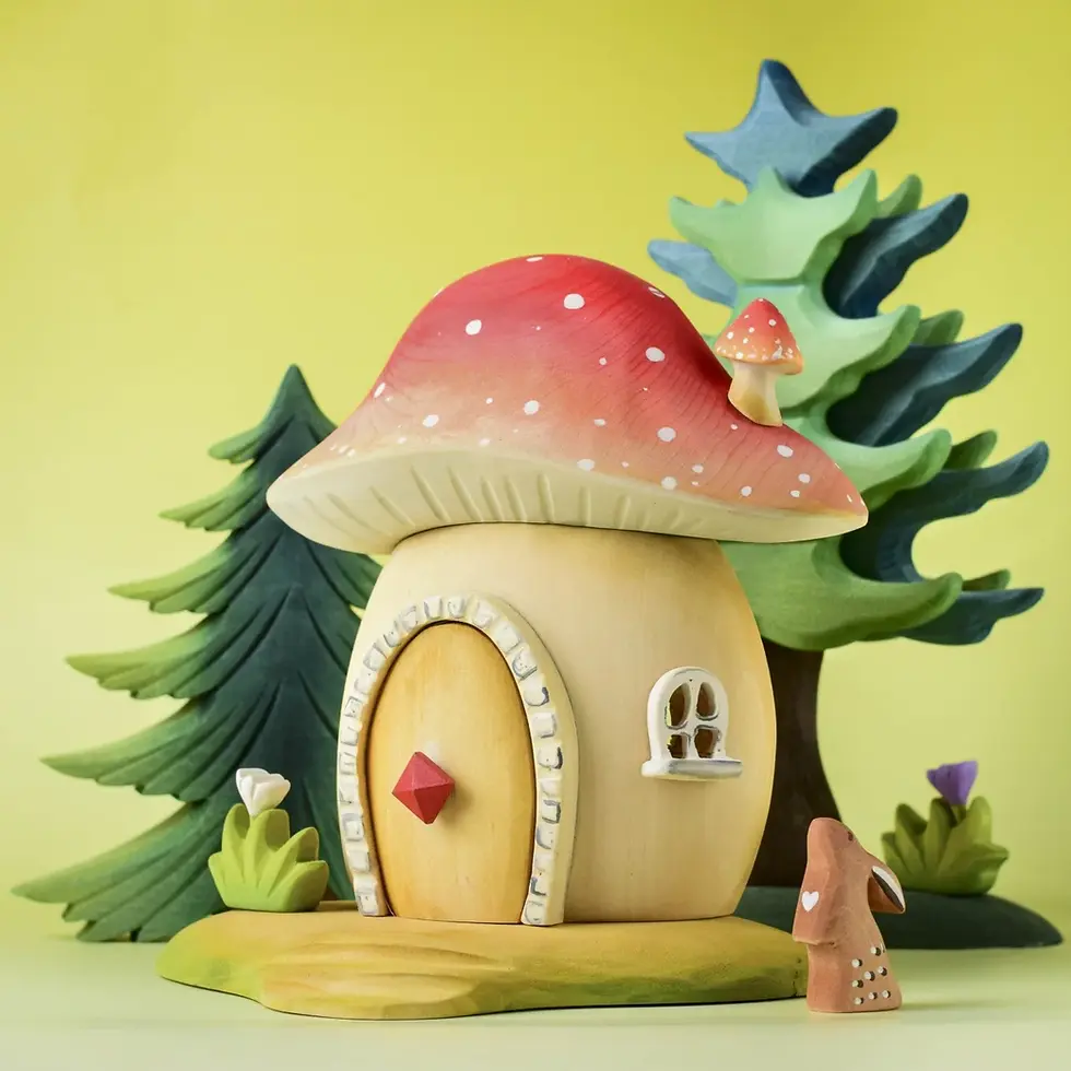 Thumbnail: Bumbu Toys Wooden Toadstool House. Handcrafted Waldorf inspired small world toys. Imaginative play and storytelling