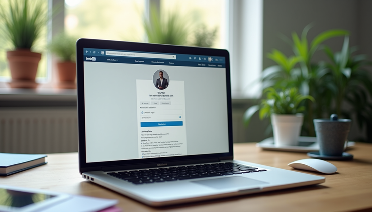 Eye-level view of a clean, organized workspace with a laptop displaying a LinkedIn profile page